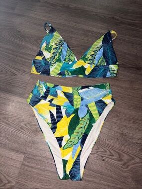 aerie Tropical Leaf Print Bikini Set in Blue, Green & Yellow